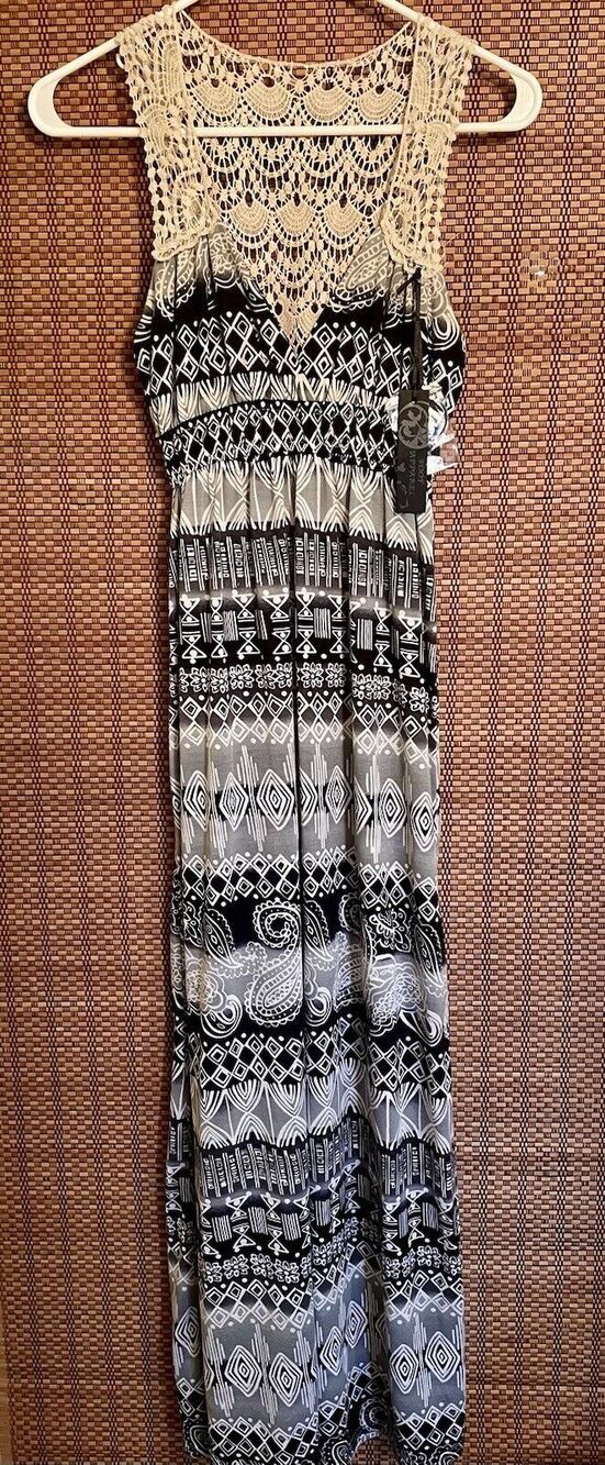 POOF Apparel Dress Size S Black & Gray Modern Geometric Maxi Lace Back Insert